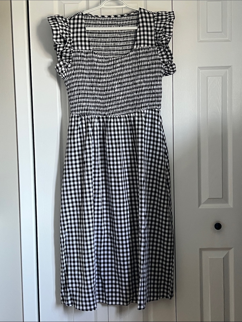 Women’s Gingham Dress w/Pockets, Ruffle Trim, Square Neck Smocked Midi Dress XL